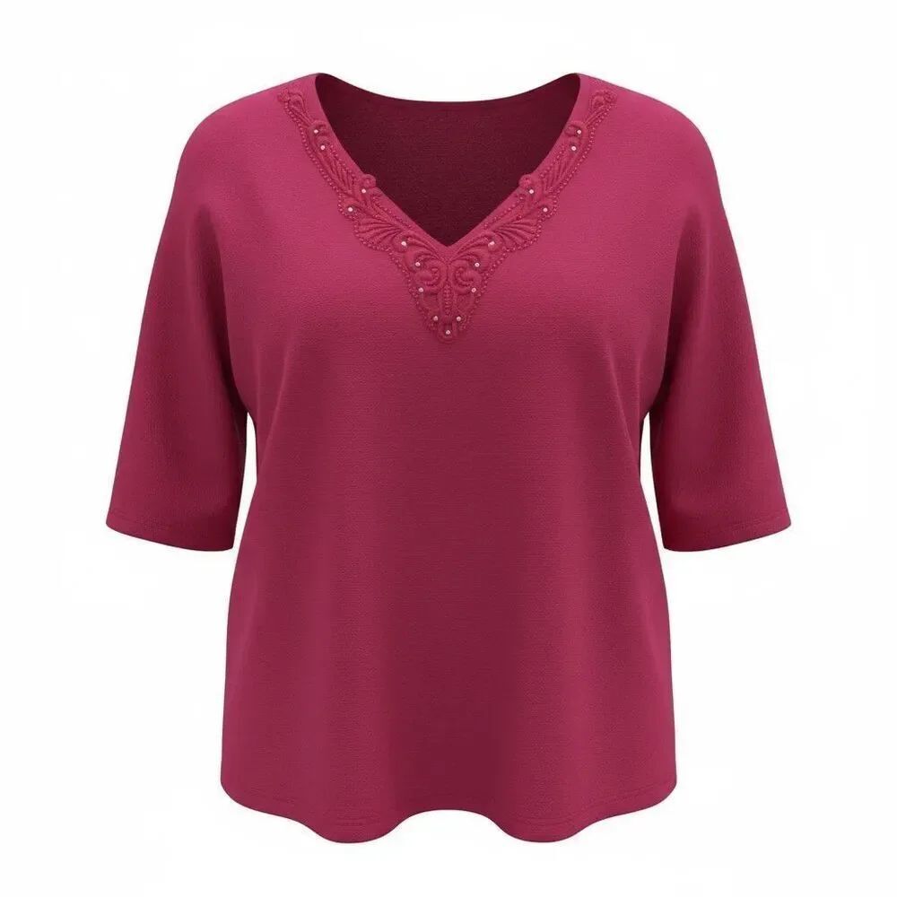 Susan Graver Vneck Blouse Womens Plus Size 1X Crochet Rhinestone Neckline Fuscia